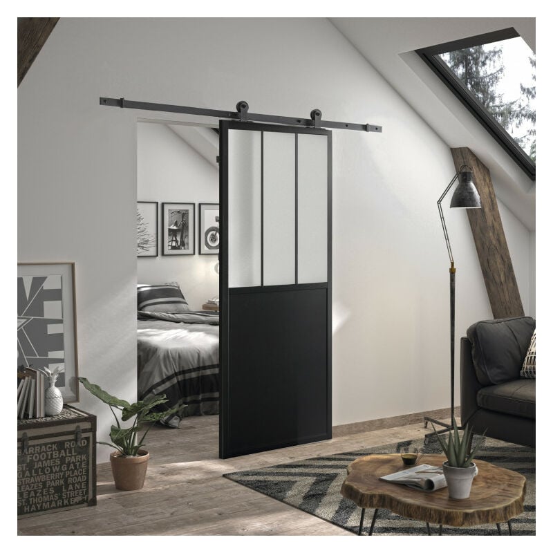 Kit porte coulissante atelier noir + rail apparent acier noir - verre dépoli - 204 x 83 cm