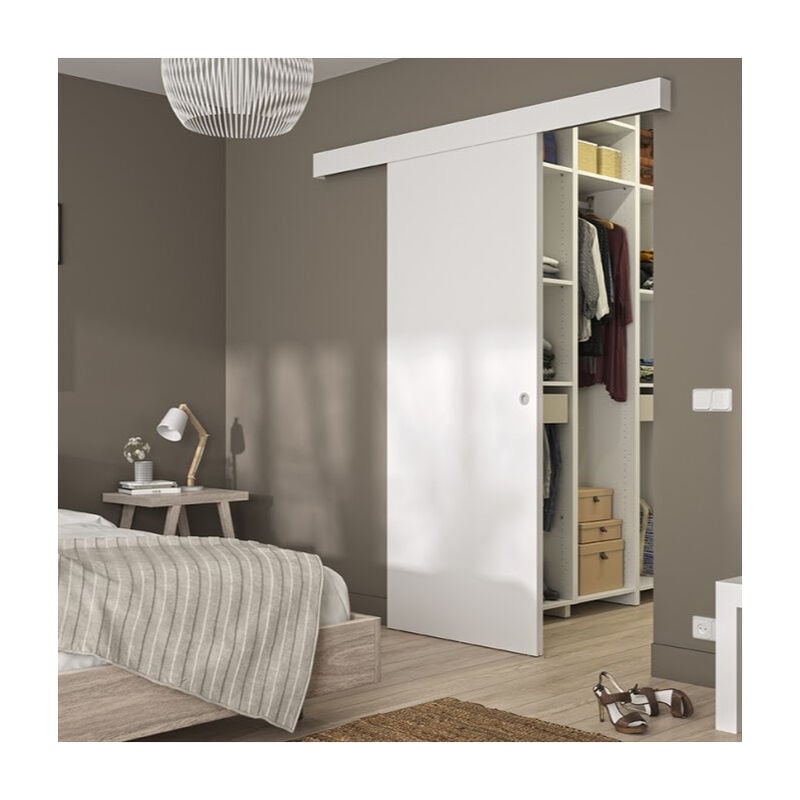 Kit porte coulissante décor blanc - rail 2 amortisseurs + cache rail blanc - 204 x 83 cm
