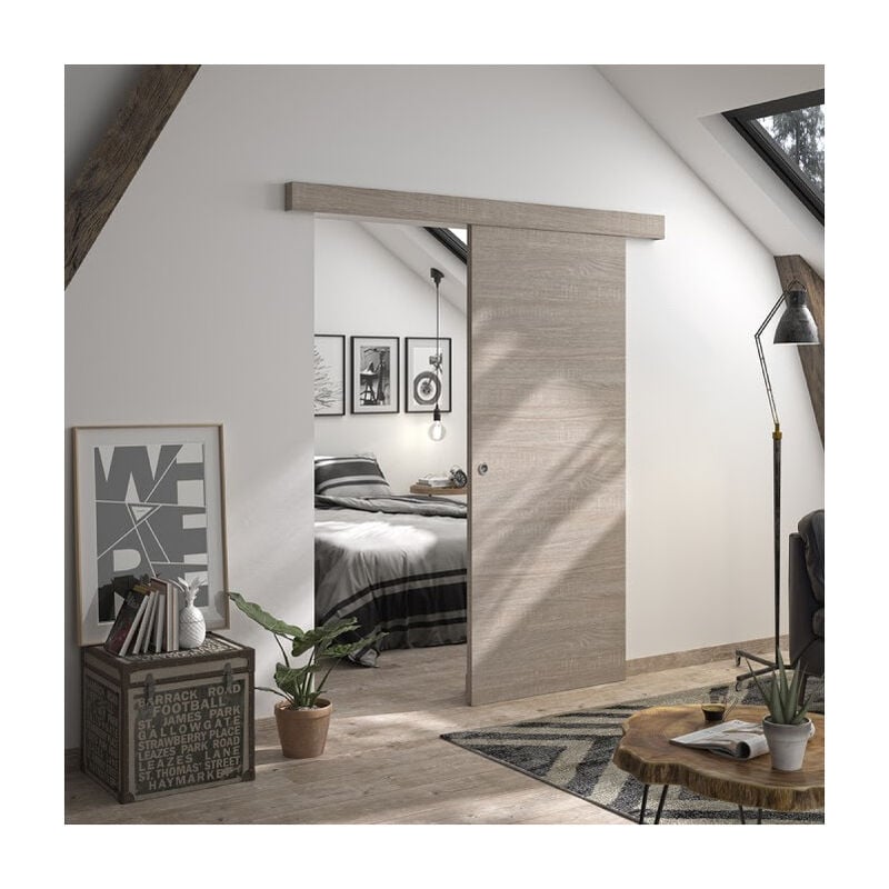 Kit porte coulissante décor chêne taupe vérone + rail 2 amortisseurs + cache rail décor assorti - 204 x 83 cm