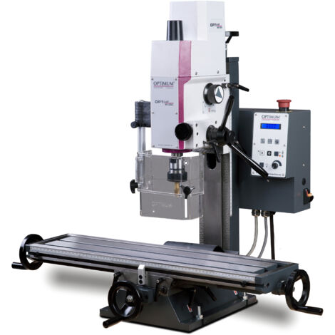 Optimum – Perceuse-fraiseuse 0,75 kW 230V – Vitesse variable – Tête réglable +/- 90° – Table longue 480 mm – Moteur silencieux pour précision