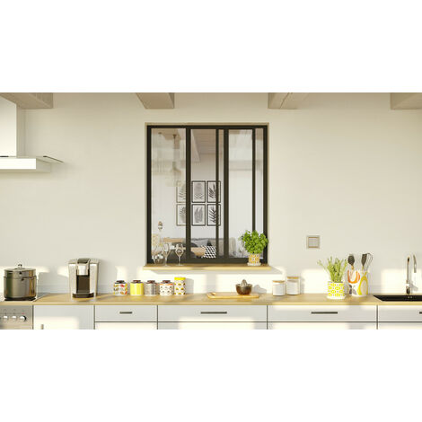 Optimum – Verrière coulissante 3 carreaux en verre trempé noir mat sablé – Aluminium – Dimensions H 108,5 x L 93,7 cm – Fabrication française
