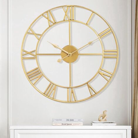 Or 40 cm horloges, Chiffres Romains Modernes Grandes horloges murales Horloge Murale silencieuse en métal Rond sans tic-tac pour Salon, Cuisine, Cham