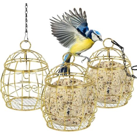 Or - Mangeoire à oiseaux, set de 3 mangeoires à oiseaux sphériques suspendues, mangeoire à oiseaux en métal résistante aux écureuils, mangeoire à oiseaux d'extérieur pour petits oiseaux sauvages