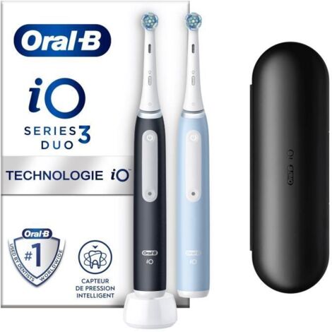 Oral-B iO 3 Lot De 2, Brosses a Dents Électriques Noire et Bleue, 2 Brossettes, 1 Étui De Voyage