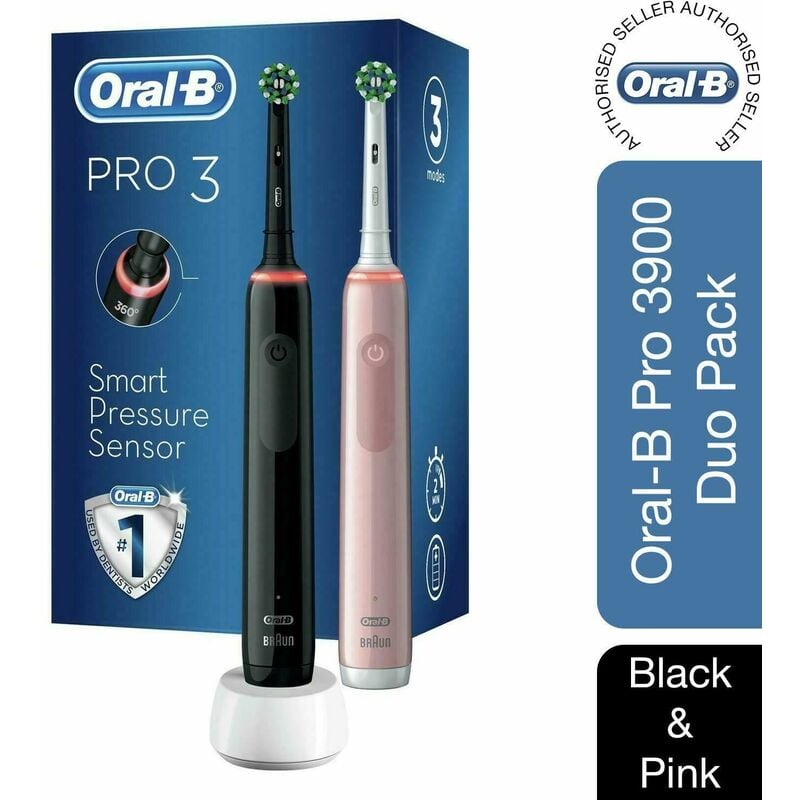 Oral-b - Pro 3 3900 Electric Smart Pressure Sensor Duo Toothbrushes, Black & Pink