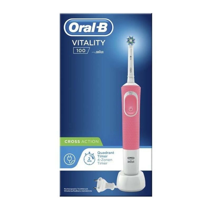 Oral-B Vitality 100 Brosse a Dents Électrique Rechargeable avec 1 Manche, 1 Brossette CrossAction, Rose, Action Nettoyage 2D