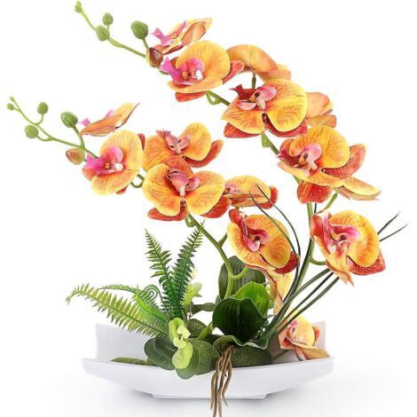 Orange Dcoratif Real Touch Faux Orchide Bonsa Fleurs Artificielles Avec Imitation Porcelaine Pots De Fleurs Phalaenopsis Fleurs Arrangements Pour