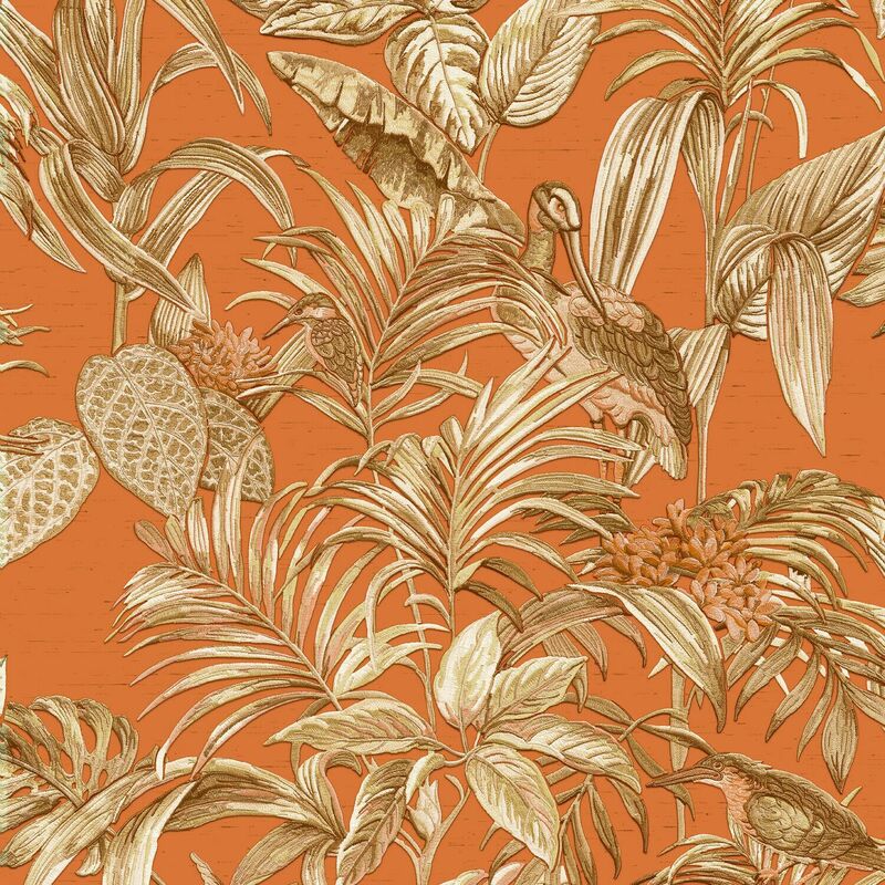 Design Id - Orange Gold Tropical Wallpaper Birds Palm Textured Paste the Wall Vinyl