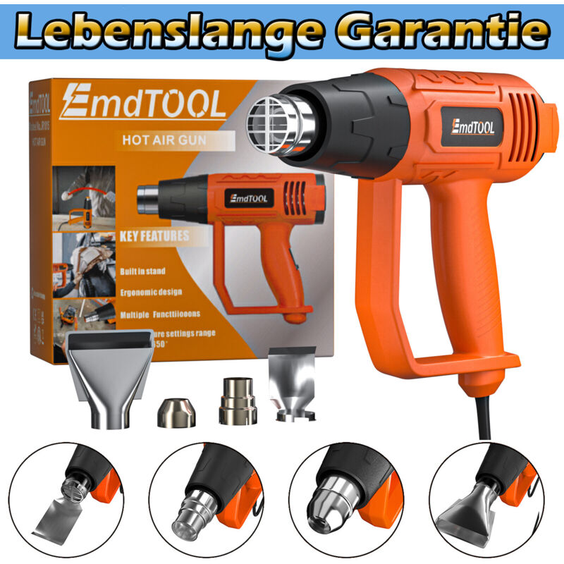 Dayplus - Orange Pistolet à air chaud 2000 Watt 300°C / 600°C avec 4x buses