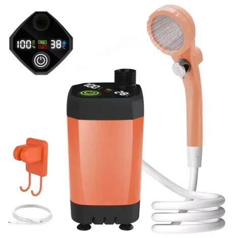 (Orange) Pompe de douche de camping portable 6000 mAh rechargeable avec affichage LED intelligent et kit de douche étanche