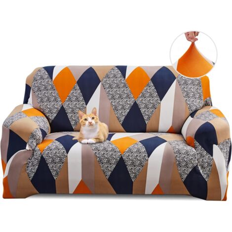 Orangefarbener Stretch-Sofabezug mit geometrischem Muster, 2-Sitzer-Sofabezug mit Armlehnen