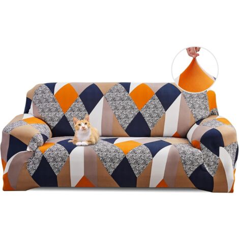 Orangefarbener Stretch-Sofabezug mit geometrischem Muster, 3-Sitzer-Sofabezug mit Armlehnen