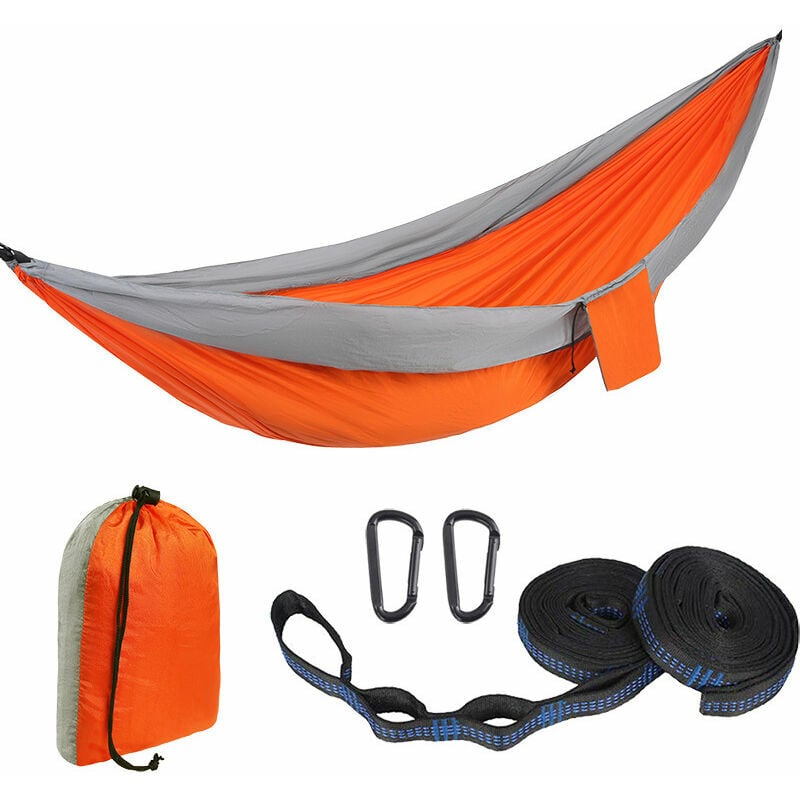 Orange/Gris Hamac ultra-léger de voyage Camping 200 kg Capacité de charge,(300200CM) respirante, nylon à parachute à séchage rapide 2 x Mousquetons