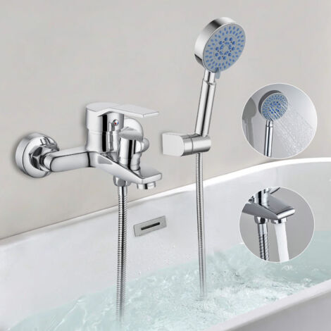 Oraymin – Mitigeur Baignoire avec Douchette à Main 5 Jets - Robinet de Bain Mural en Laiton Chromé - Ensemble Complet avec Flexible 150 cm et Support