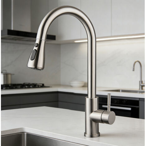 Oraymin - Mitigeur Cuisine avec Douchette Extractible Robinet de Cuisine en Acier Inox 304 Brossé Robinet d'Évier pour Cuisine Rotatif à 360° Mitigeur Evier Cuisine 2 Modes avec Valve WANHAI