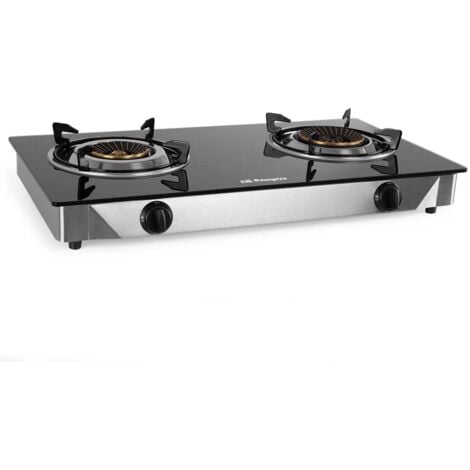 Orbegozo hornillo a gas FO 2720, superficie de cristal templado, cuerpo inox, encendido piezoeléctrico, 2 quemadores triple corona, uso interior/exterior, gas butano/propano