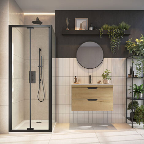 Orbit S6 Black Semi-Frameless Bi-Fold Shower Door 800mm Wide - 6mm Glass