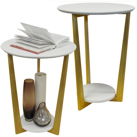 main image of "ORBITAL - 2 PACK - Retro Wood Round Side Table with Shelf - Natural / White"