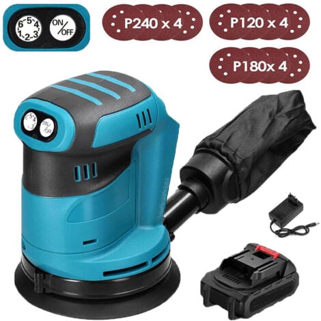 PEDONY Orbital and random orbital sanders, Cordless Brushless Random Orbital Sander 125mm, 6 Speed，with Dust Bag and 12 Sandpapers +1x 3.0A Battery + Charger - Compatible with Makita Charger