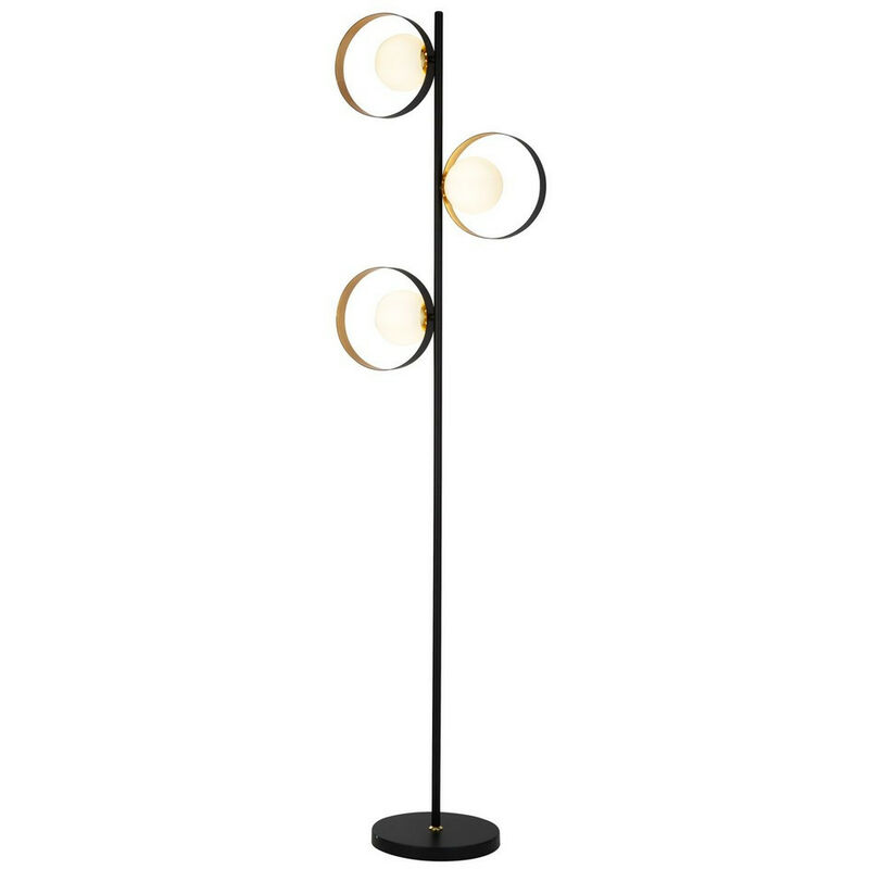 Orbital 3 Light Matt Black And Gold Leaf Floor Light With Opal Glass - Searchlight