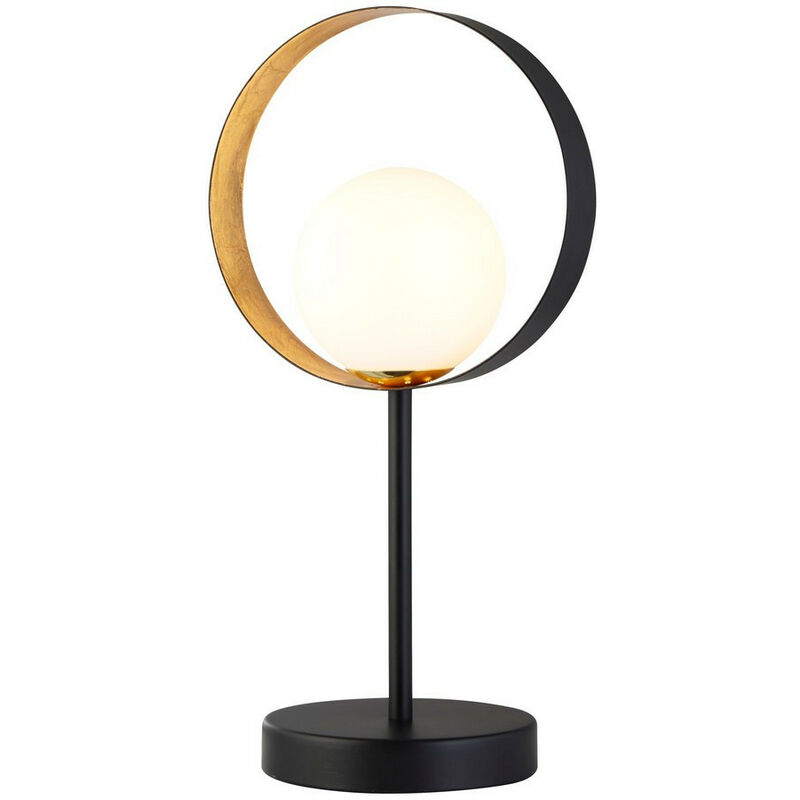 Orbital 1 Light Matt Black And Gold Leaf Table Lamp With Opal Glass - Searchlight