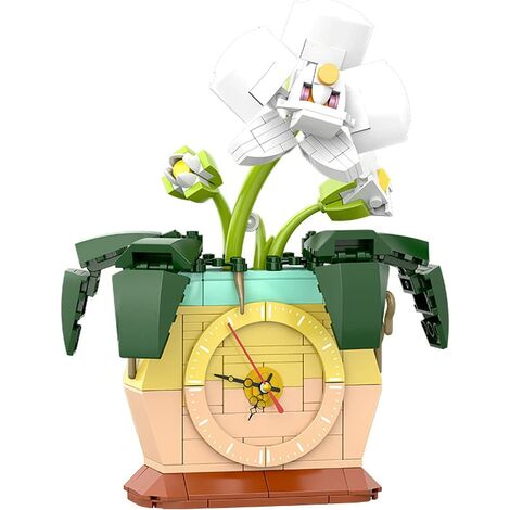 Orchid Pot Model Building Blocks with Clock Module, Home Accessories, Toys and Gifts for Children and Adults