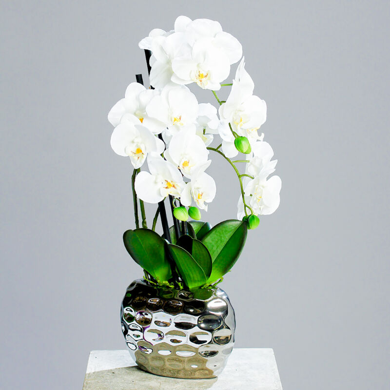 Orchidée artificielle dans un bol argenté - env. 53 cm - plante décorative
