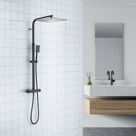 orchidée-Ensemble de Douche avec Thermostatique Mitigeur Set de Douche avec Tête de Douche de 15.7 Pouces Colonne de Douche Thermostatique 2 Fonctions Hauteur Réglable, Noir