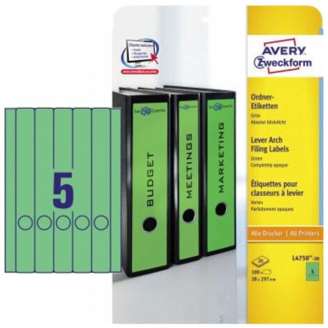 Ordnerrückenetikett ultragrip schmal/lang 38 x 297 mm (B x H) selbstklebend mit Griffloch grün 100 Etik./Pack.