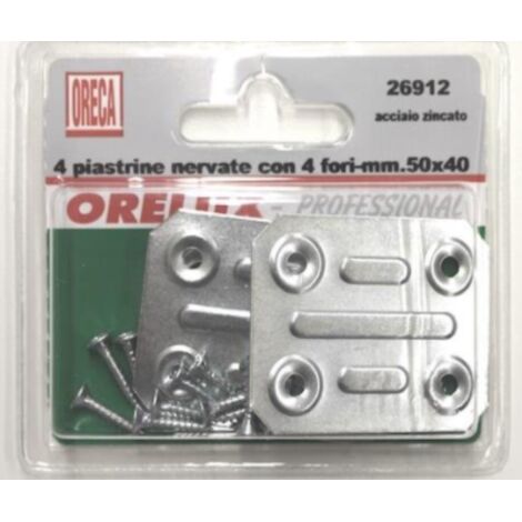ORECA - 4 PIASTRINE DRITTE NERVATE IN ACCIAIO ZINCATO 4 FORI - 50X40MM