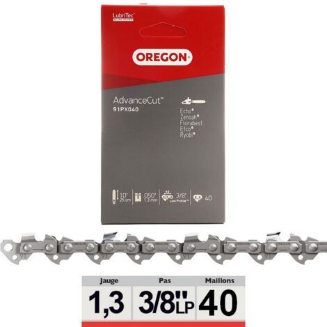 Oregon – Chaîne de tronçonneuse 25 cm 91PX040E – Pas 3/8 – Jauge 1,3 mm – 40 maillons – Technologie LubriTec pour lubrification optimale