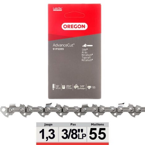 Oregon – Chaîne pour tronçonneuse 30-40 cm – Pas 3/8' – Jauge 1.3 mm – 55 maillons – Réduction des vibrations – 91PX055E