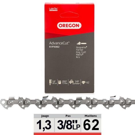 Oregon – Chaîne de tronçonneuse 3/8 Low Profile 45 cm – Jauge 1,3 mm – Compatible avec modèles BLACK & DECKER, HUSQVARNA – 91PX062E