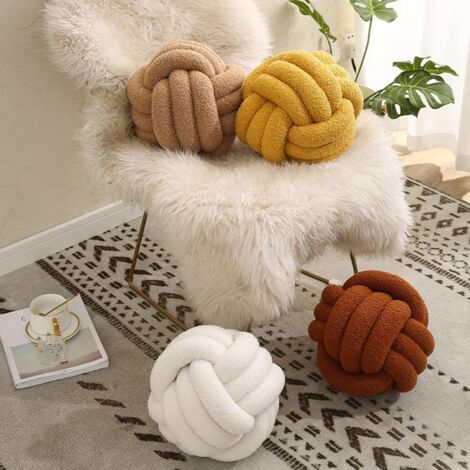 Oreiller à Boule de Noeud, Oreiller de Balle nouée  Coussin de canapé en Velours d'agneau tissé à la Main  Ultra Doux  Coussin de Compagnie  Oreiller de canapé Beige, 28 x 28 cm