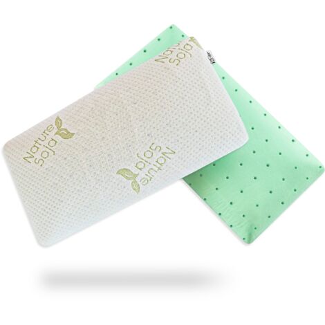 Oreiller à mousse mémoire de forme (bio soja naturel) orthopédique & ergonomique - housse en fibre de coton 60x40 cm - Blanc