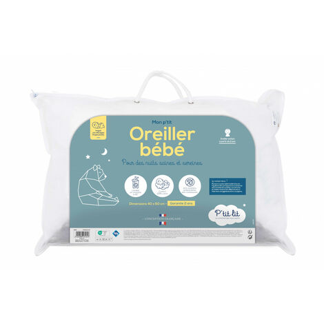 Oreiller bébé 40x60 cm – Enveloppe 100% coton – Hypoallergénique – Anti-acariens – Conception française – Oeko Tex® – P'Tit Lit