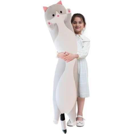 Oreiller câlin en peluche en forme de chat - Oreiller doux et mignon (90 cm, gris)