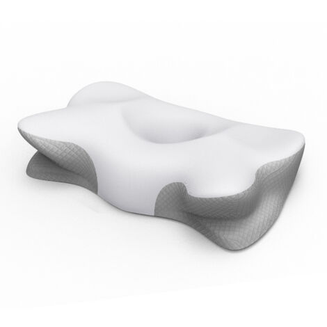 Oreiller cervical en mousse à mémoire de forme en forme de papillon, ergonomique et confortable, idéal pour dormir sur le côté ou sur le dos (surface en soie blanche, motif losanges gris)
