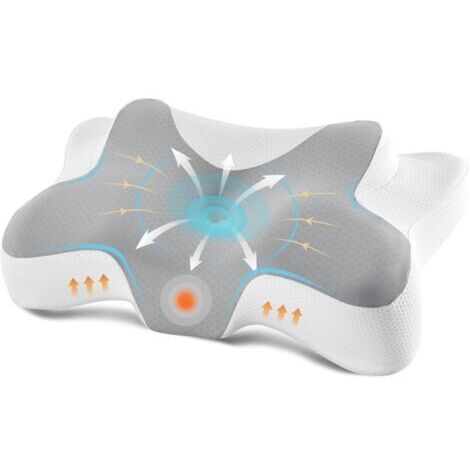 Oreiller cervical ergonomique, en mousse à mémoire de forme, conçu pour dormir sur le côté, sur le dos et sur le ventre, mesurant 66 x 37 x 13 cm, gris-blanc.
