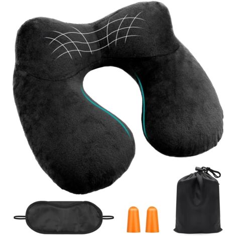 Oreiller cervical gonflable de voyage, coussin pour avion avec masque pour les yeux et bouchons d’oreilles, couleur noire