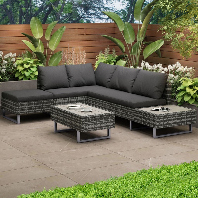 Ensemble poly rotin, salon de jardin, canapé salon, table et coussins, housse en tissu amovible et lavable, gris