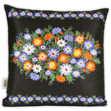 Oreiller folklorique Opole, fleurs d'été, noir