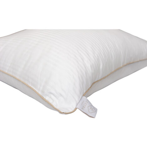 Oreiller moelleux 50 x 70 cm – Garnissage COM’DUV 100% polyester – Enveloppe satin de coton rayé – Finition passepoil champagne – Lestra