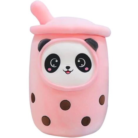 Oreiller Peluche Bubble Tea - Panda Rose - Thé à Bulles - Coton PP Ultra Doux - 24cm