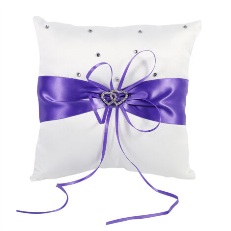 Oreiller Porte-Alliance Mariage avec Noeud Papillon et Coeurs Diamantés (Violet)