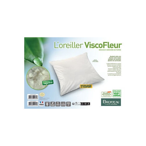 Oreiller rectangulaire Biotex ViscoFleur mémoire de forme 60 x 40 cm housse coton blanc