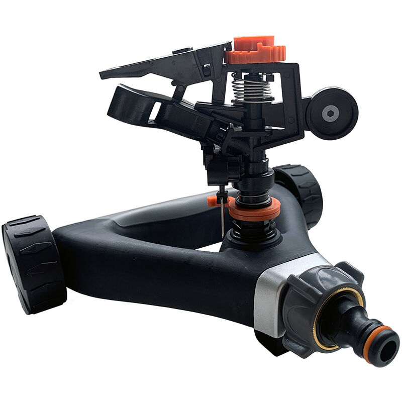 

Aspersor pro impacto base con ruedas, y estabilizador en metal. Toma 1/2¿ R/H. Alcance 12 metros. - Orework