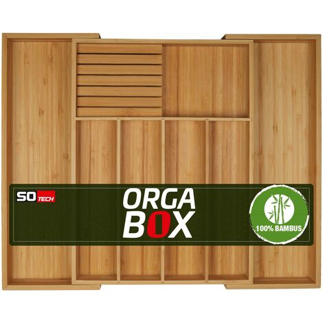 ORGA-BOX UNIVERSAL Besteckkasten aus Bambus verstellbar für Schubladentiefe 473 mm (Innenmaß) für Schrankbreite 500 - 600 mm bis 7 Fächer inkl. Messerblock für 6 Messer