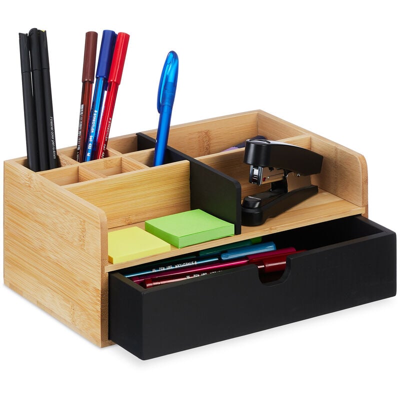 Organisateur bureau, 1 tiroir, 9 compartiments, bambou, HxLxP: 10x25x15,5cm, espace de travail, nature - noir - Relaxdays