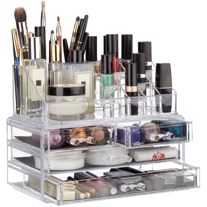2x Organiseurs cosmétiques, 2 parties, rangement maquillage, acrylique, emplacements porte-crayons, tiroirs, transparent